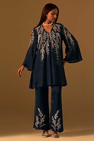 Navy Silk Sequins Embroidered Kurta Set by One not two