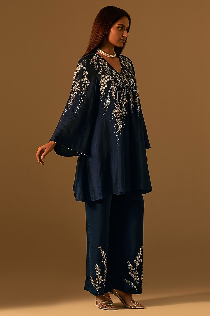 Navy Silk Sequins Embroidered Kurta Set by One not two at Pernia's Pop Up Shop