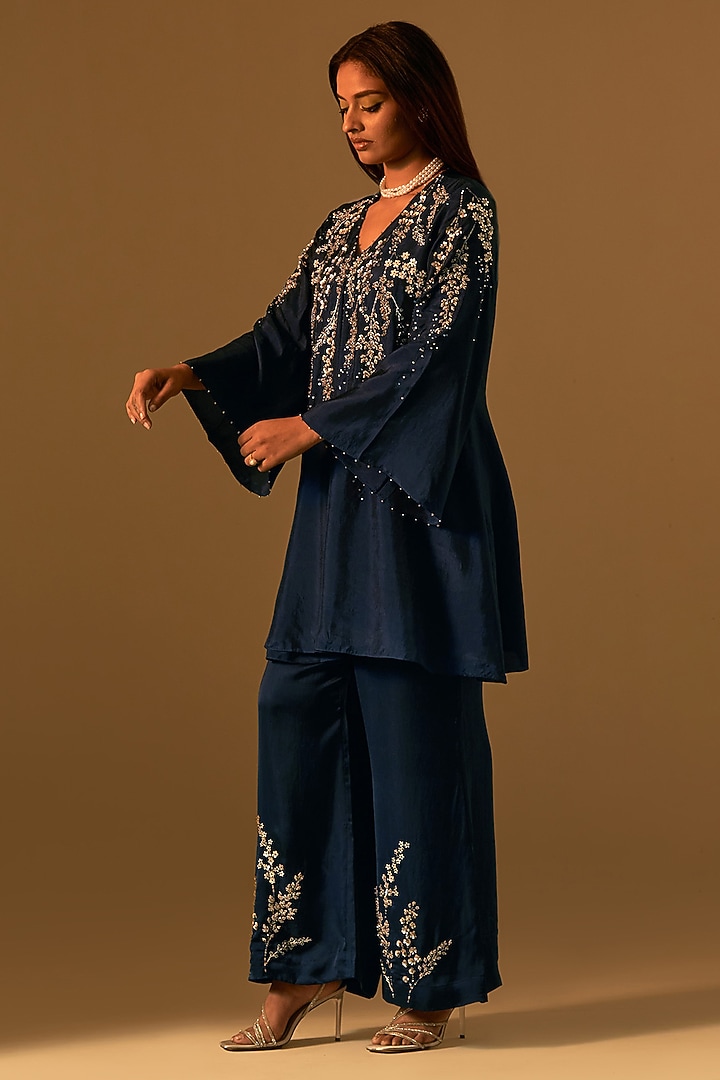 Navy Silk Sequins Embroidered Kurta Set by One not two at Pernia's Pop Up Shop