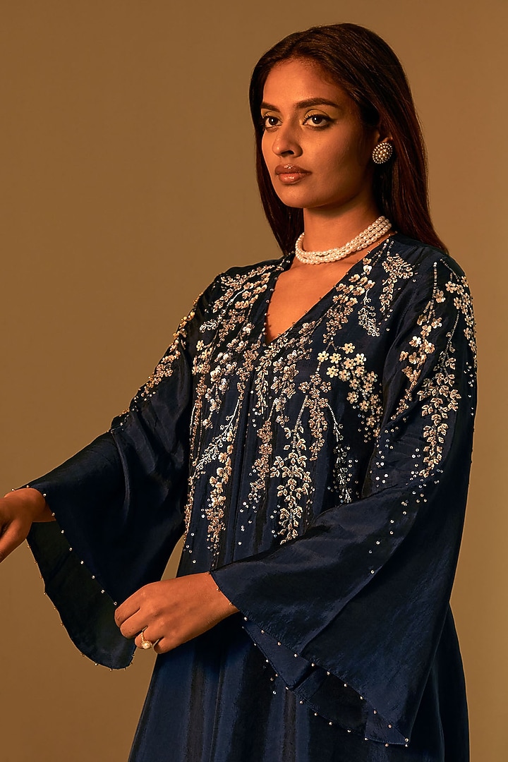 Navy Silk Sequins Embroidered Kurta Set by One not two at Pernia's Pop Up Shop
