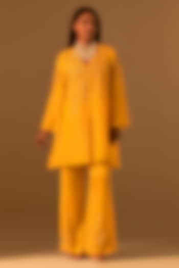 Saffron-Colored Silk Sequins Embroidered Kurta Set by One not two at Pernia's Pop Up Shop