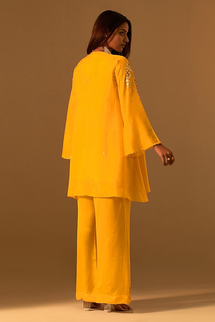 Saffron-Colored Silk Sequins Embroidered Kurta Set by One not two at Pernia's Pop Up Shop