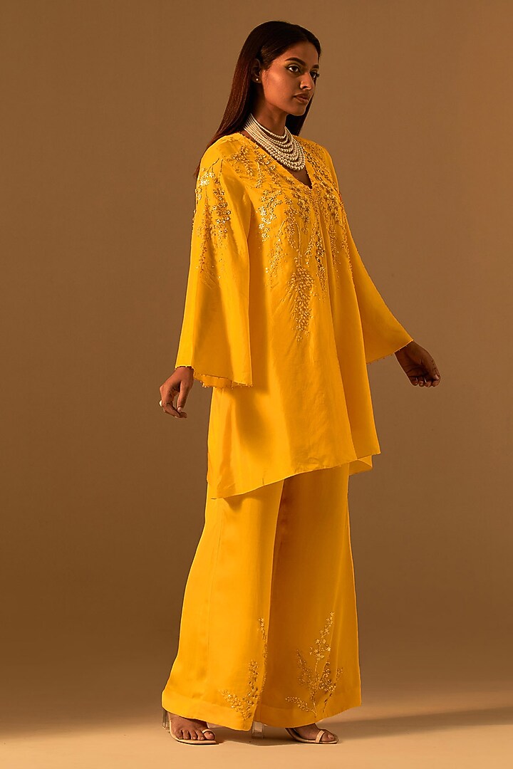 Saffron-Colored Silk Sequins Embroidered Kurta Set by One not two at Pernia's Pop Up Shop