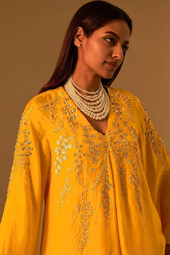 Saffron-Colored Silk Sequins Embroidered Kurta Set by One not two at Pernia's Pop Up Shop