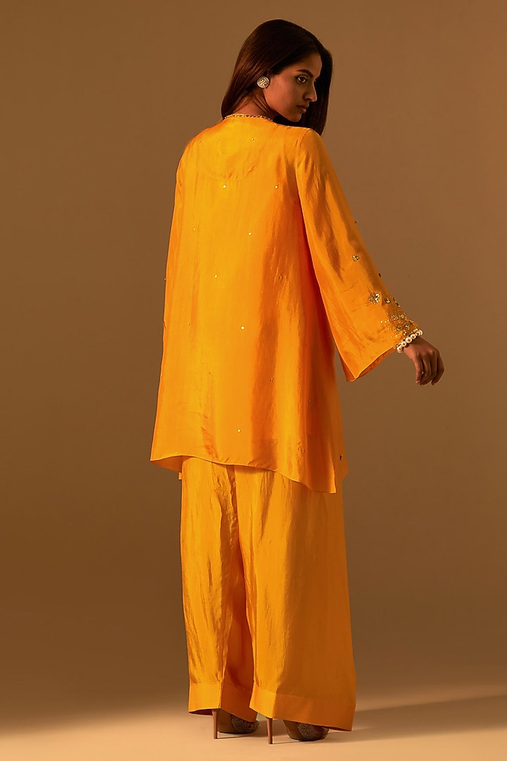 Tangerine-Colored Silk Hand Embroidered Kurta Set by One not two at Pernia's Pop Up Shop