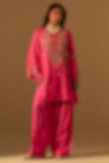 Hot Pink Silk Floral Hand Embroidered Kurta Set by One not two at Pernia's Pop Up Shop