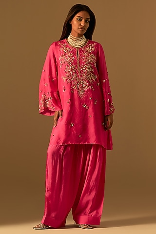 Hot Pink Silk Floral Hand Embroidered Kurta Set by One not two