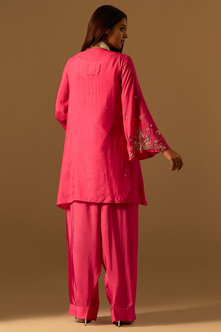 Hot Pink Silk Floral Hand Embroidered Kurta Set by One not two at Pernia's Pop Up Shop