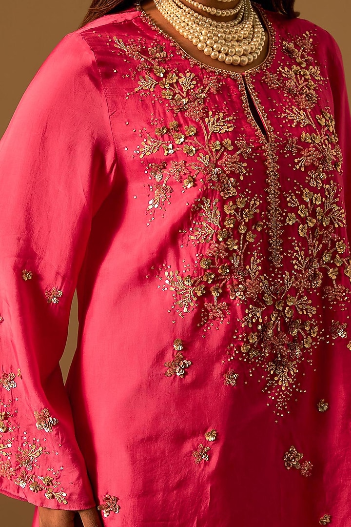 Hot Pink Silk Floral Hand Embroidered Kurta Set by One not two at Pernia's Pop Up Shop