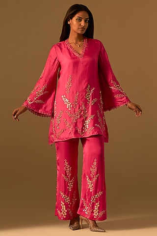 Hot Pink Silk Hand Embroidered Kurta Set by One not two