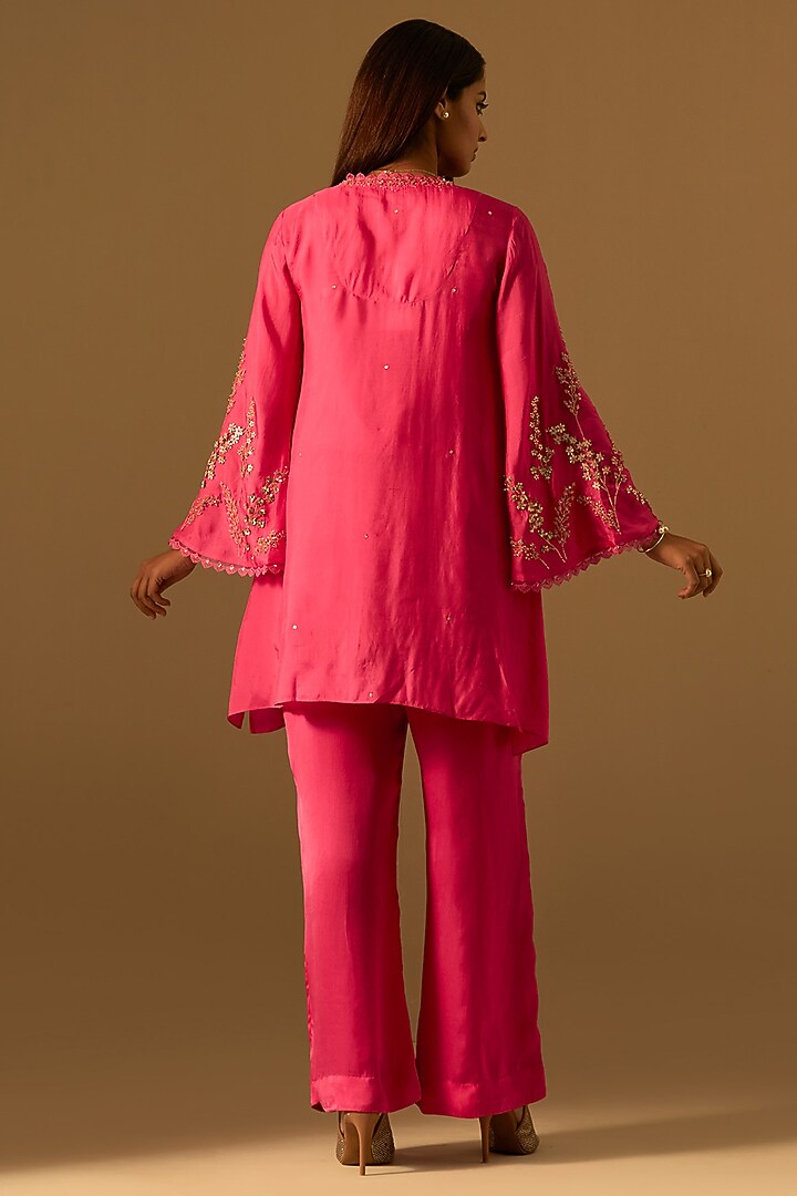 Hot Pink Silk Hand Embroidered Kurta Set by One not two at Pernia's Pop Up Shop