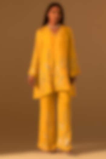 Saffron Silk Hand Embroidered Kurta Set by One not two at Pernia's Pop Up Shop