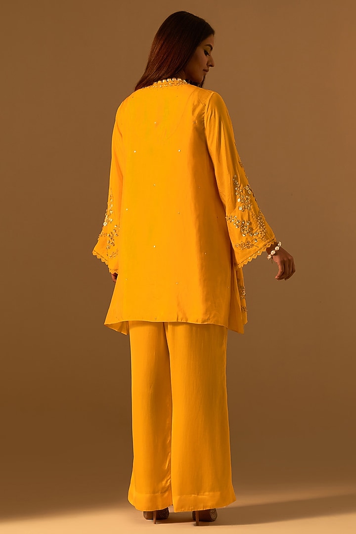 Saffron Silk Hand Embroidered Kurta Set by One not two at Pernia's Pop Up Shop