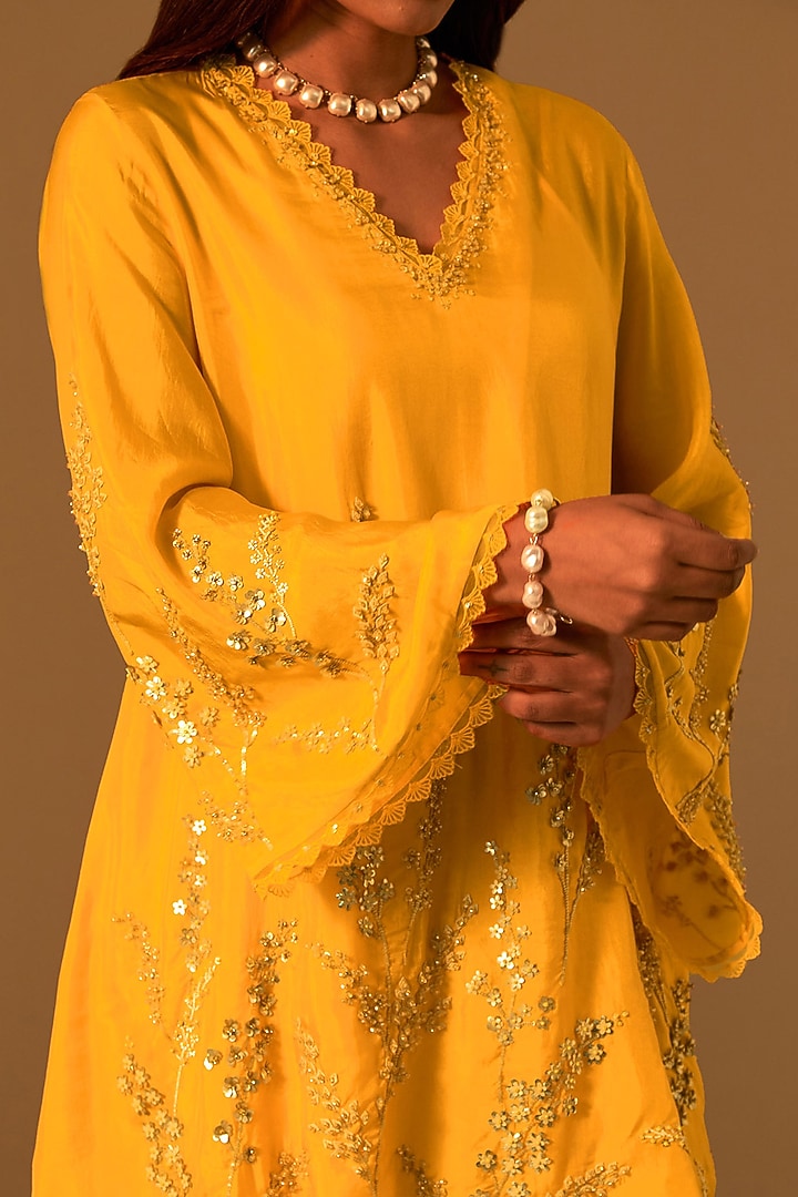 Saffron Silk Hand Embroidered Kurta Set by One not two at Pernia's Pop Up Shop