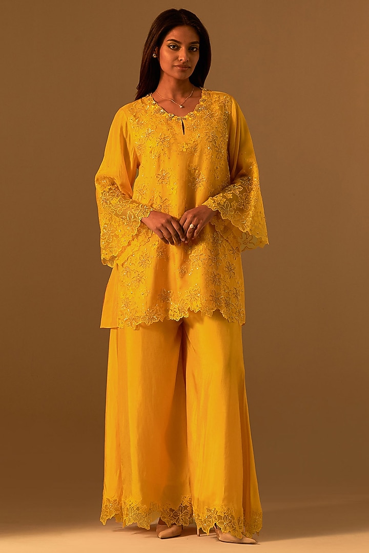 Saffron Silk Wedding Sharara Set by One not two at Pernia's Pop Up Shop