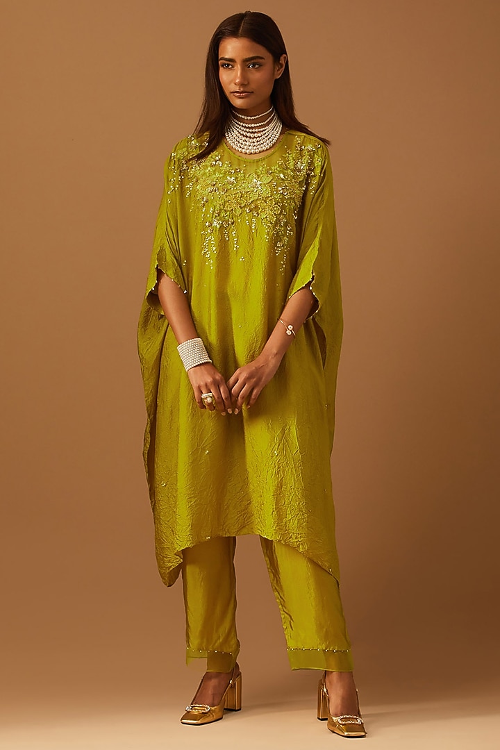 Henna-Colored Crushed Silk Hand Embroidered Kaftan Set by One not two at Pernia's Pop Up Shop