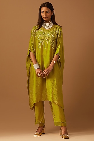 Henna-Colored Crushed Silk Hand Embroidered Kaftan Set by One not two