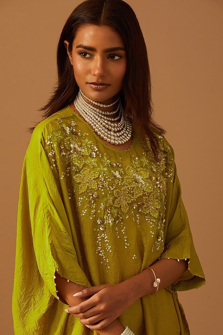 Henna-Colored Crushed Silk Hand Embroidered Kaftan Set by One not two at Pernia's Pop Up Shop
