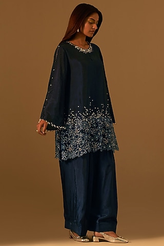 Navy Silk Floral Thread Embroidered Kurta Set by One not two