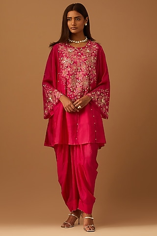 Hot Pink Silk Floral Applique Embroidered Kurta Set by One not two