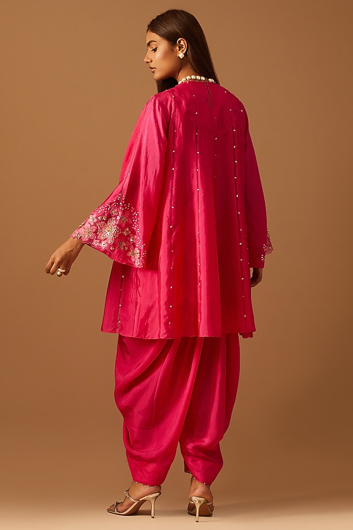 Hot Pink Silk Floral Applique Embroidered Kurta Set by One not two at Pernia's Pop Up Shop