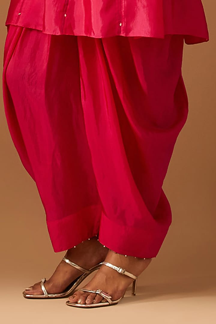 Hot Pink Silk Floral Applique Embroidered Kurta Set by One not two at Pernia's Pop Up Shop