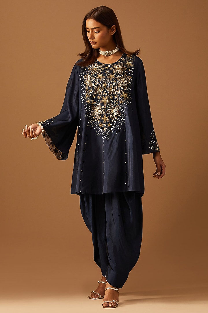 Navy Silk Floral Applique Embroidered Kurta Set by One not two at Pernia's Pop Up Shop