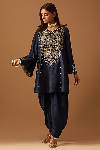 Navy Silk Floral Applique Embroidered Kurta Set by One not two