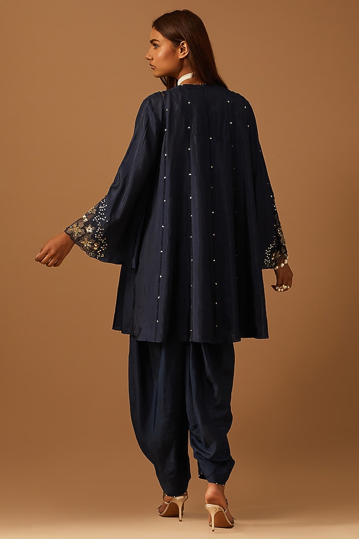 Navy Silk Floral Applique Embroidered Kurta Set by One not two at Pernia's Pop Up Shop