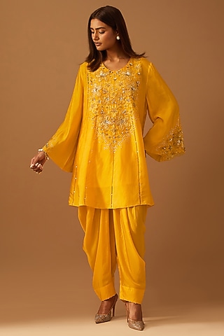 Saffron Silk Floral Applique Embroidered Kurta Set by One not two