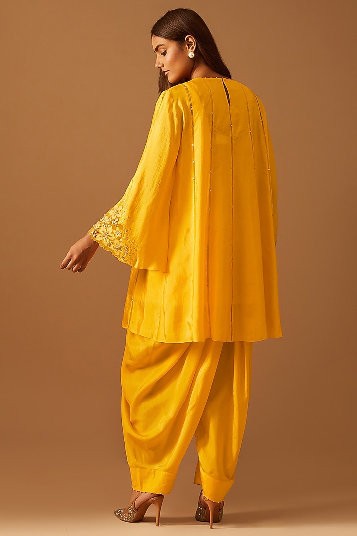 Saffron Silk Floral Applique Embroidered Kurta Set by One not two at Pernia's Pop Up Shop