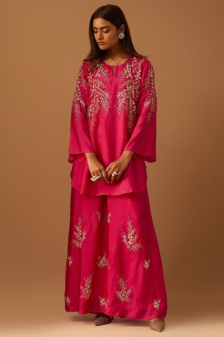 Hot Pink Silk Hand Embroidered Wedding Sharara Set by One not two at Pernia's Pop Up Shop