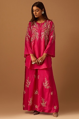 Hot Pink Silk Hand Embroidered Sharara Set by One not two