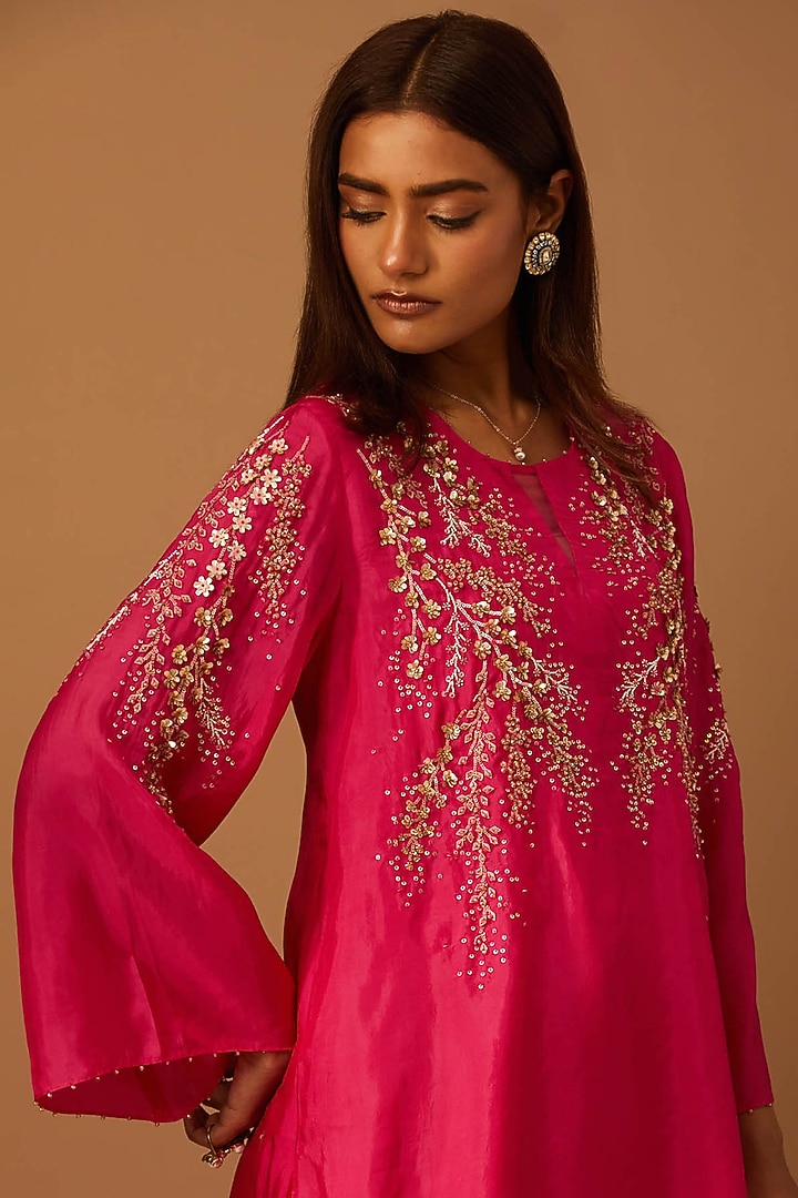 Hot Pink Silk Hand Embroidered Wedding Sharara Set by One not two at Pernia's Pop Up Shop