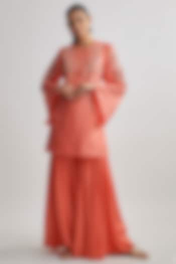 Coral Viscose Silk Embroidered Kurta Set by One not two