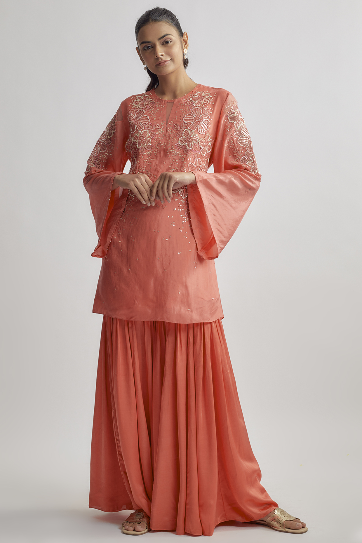 Coral Viscose Silk Embroidered Kurta Set by One not two at Pernia's Pop Up Shop