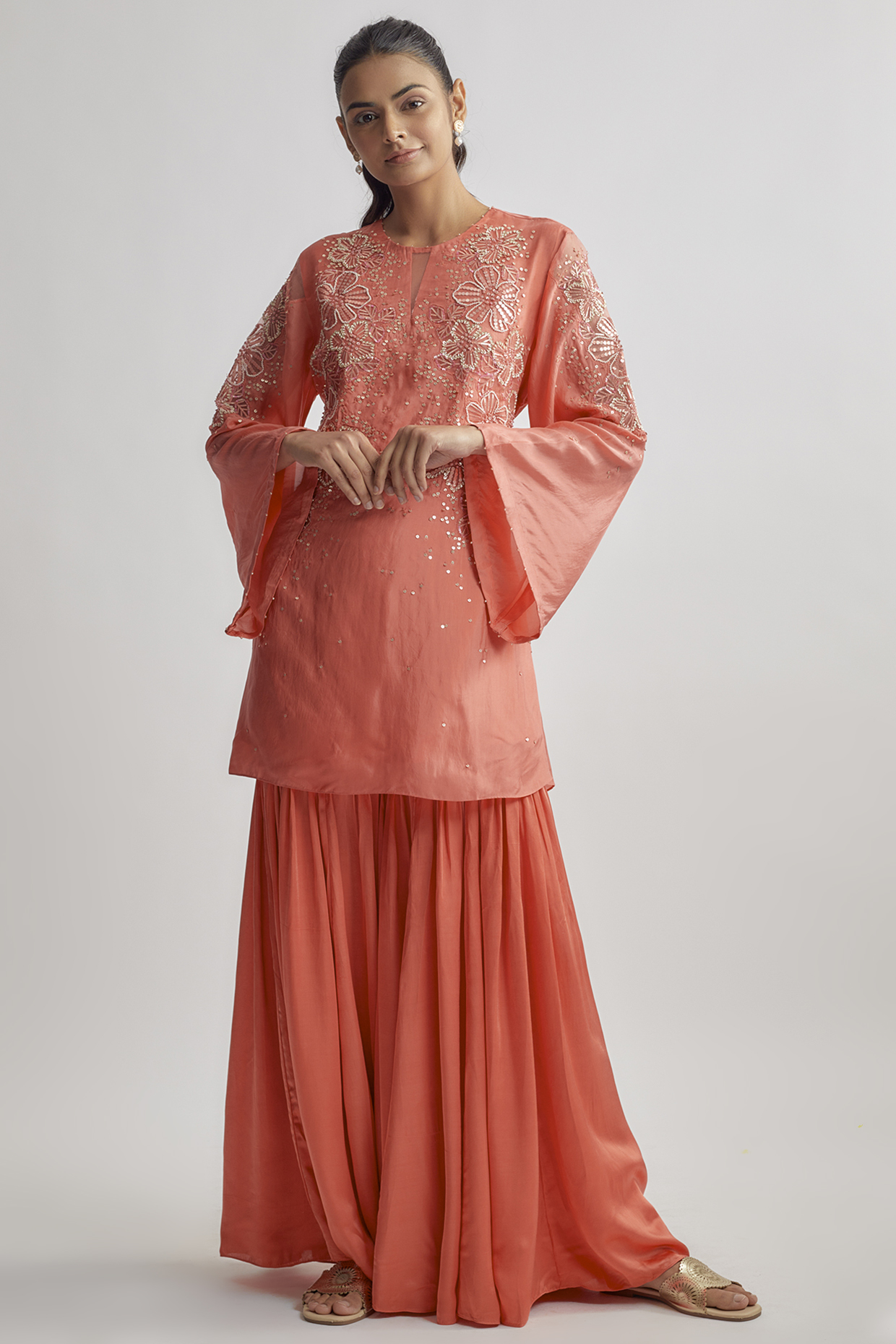 Coral Viscose Silk Embroidered Kurta Set by One not two