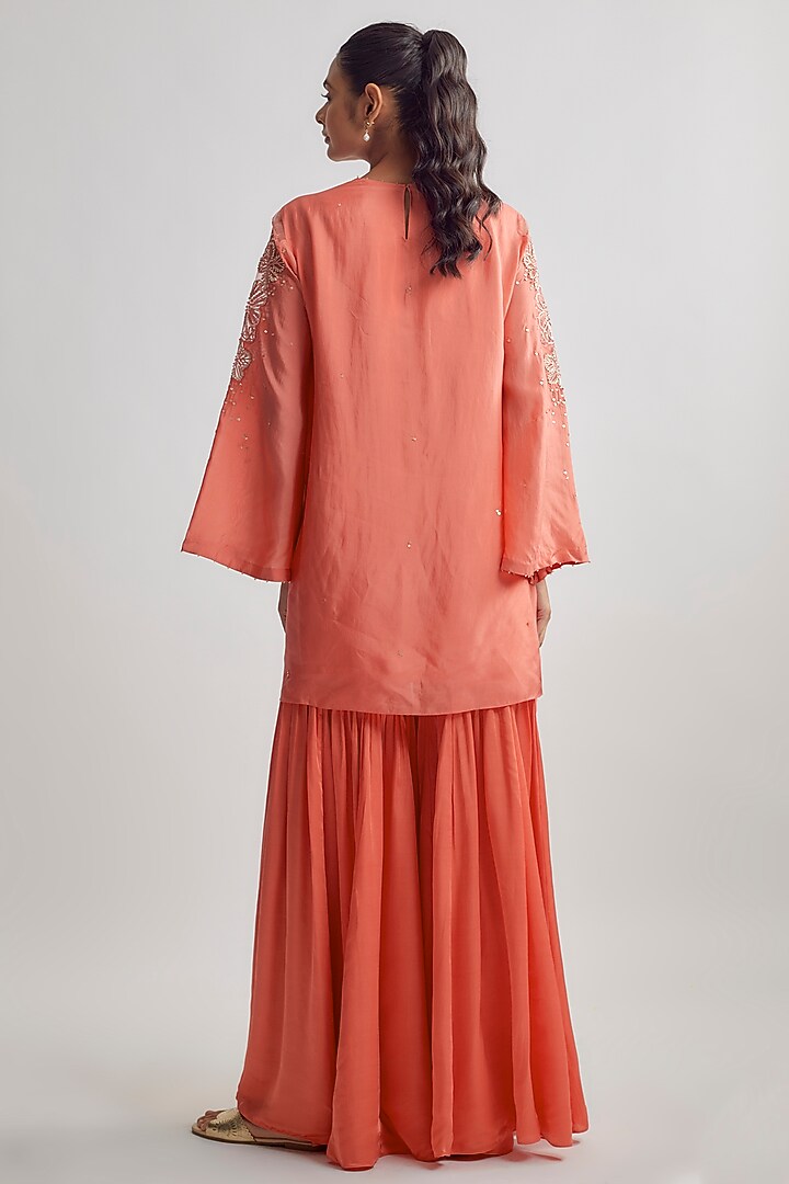 Coral Viscose Silk Embroidered Kurta Set by One not two at Pernia's Pop Up Shop