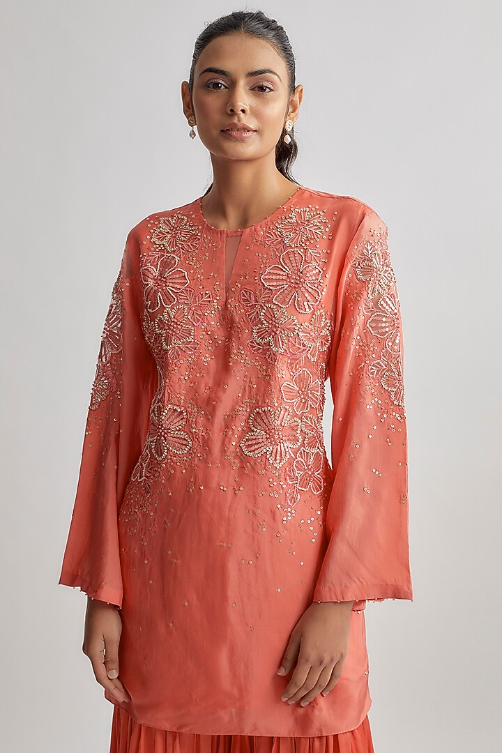 Coral Viscose Silk Embroidered Kurta Set by One not two at Pernia's Pop Up Shop