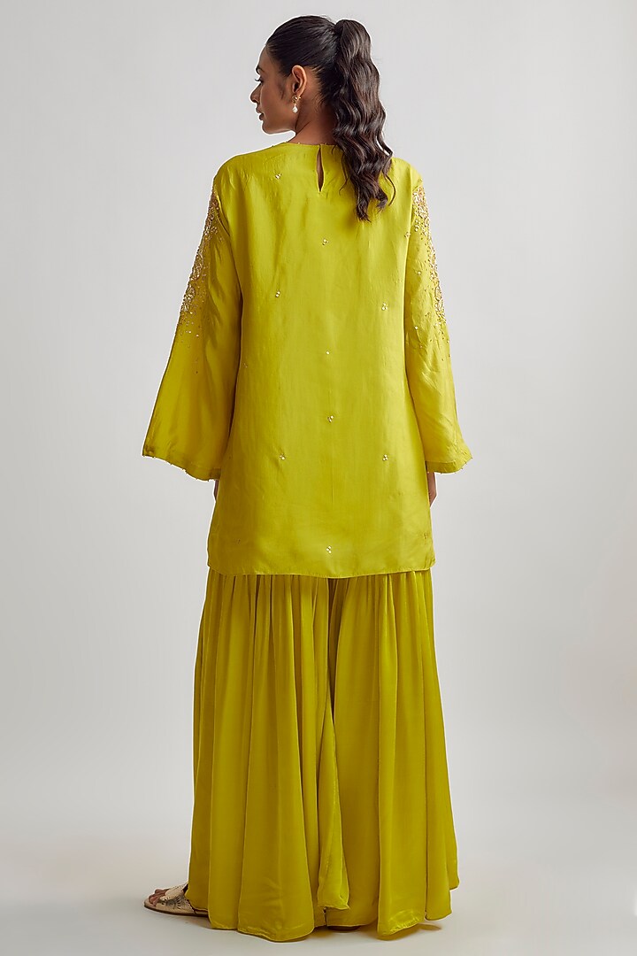 Yellow Viscose Silk Embroidered Kurta Set by One not two at Pernia's Pop Up Shop