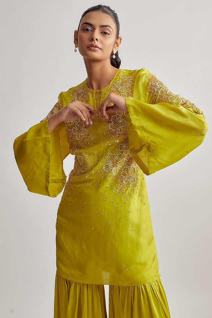 Yellow Viscose Silk Embroidered Kurta Set by One not two at Pernia's Pop Up Shop