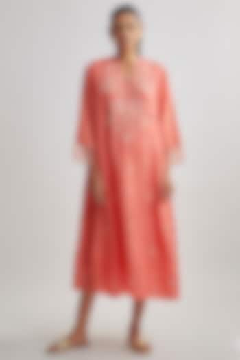Coral Viscose Silk Embroidered Kurta by One not two at Pernia's Pop Up Shop