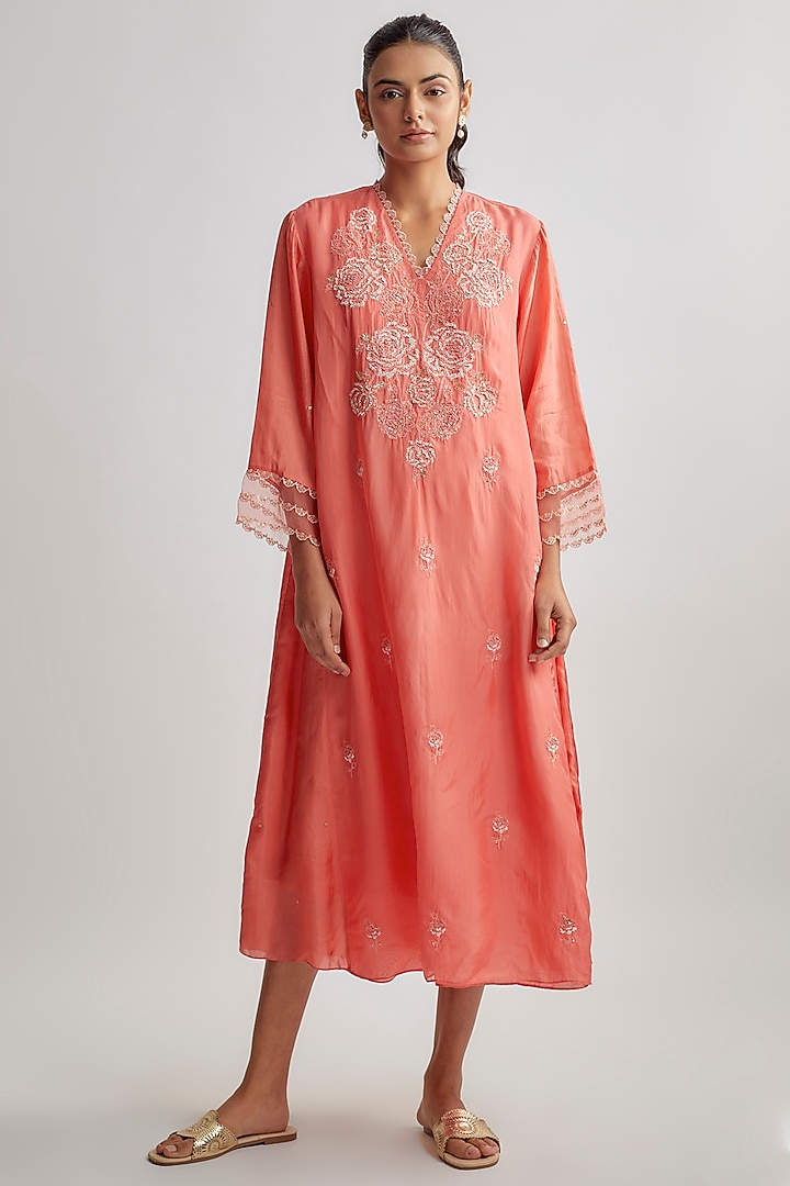 Coral Viscose Silk Embroidered Kurta by One not two at Pernia's Pop Up Shop