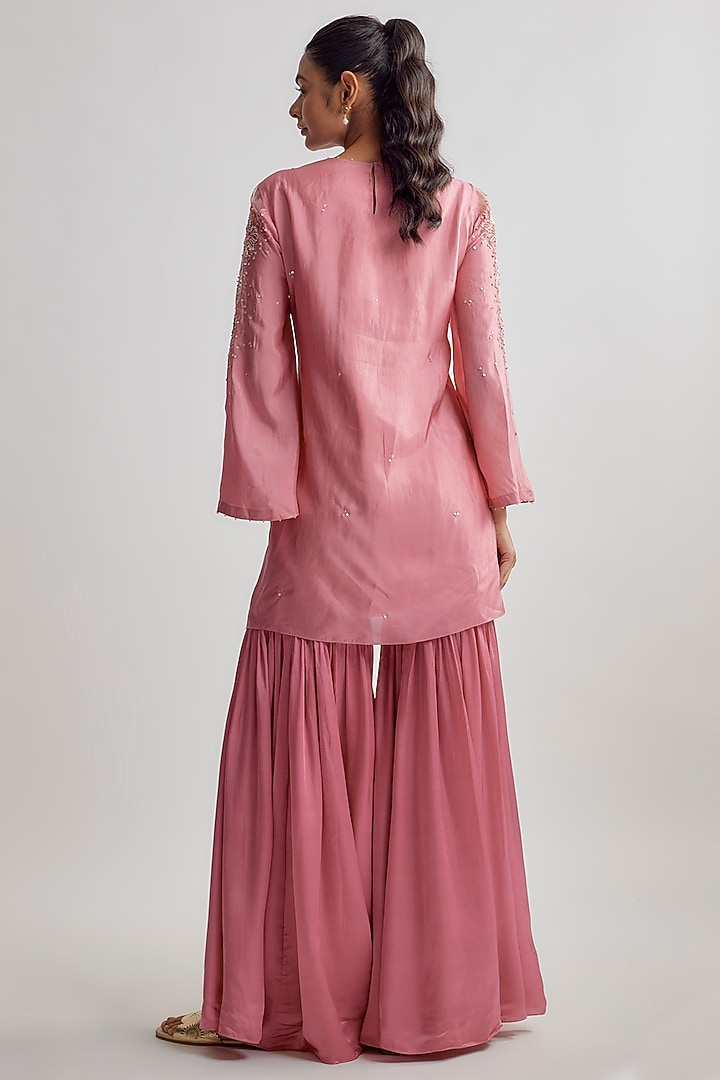 Pink Viscose Silk Embroidered Kurta Set by One not two at Pernia's Pop Up Shop