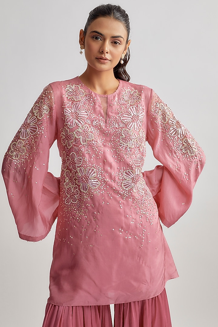 Pink Viscose Silk Embroidered Kurta Set by One not two at Pernia's Pop Up Shop