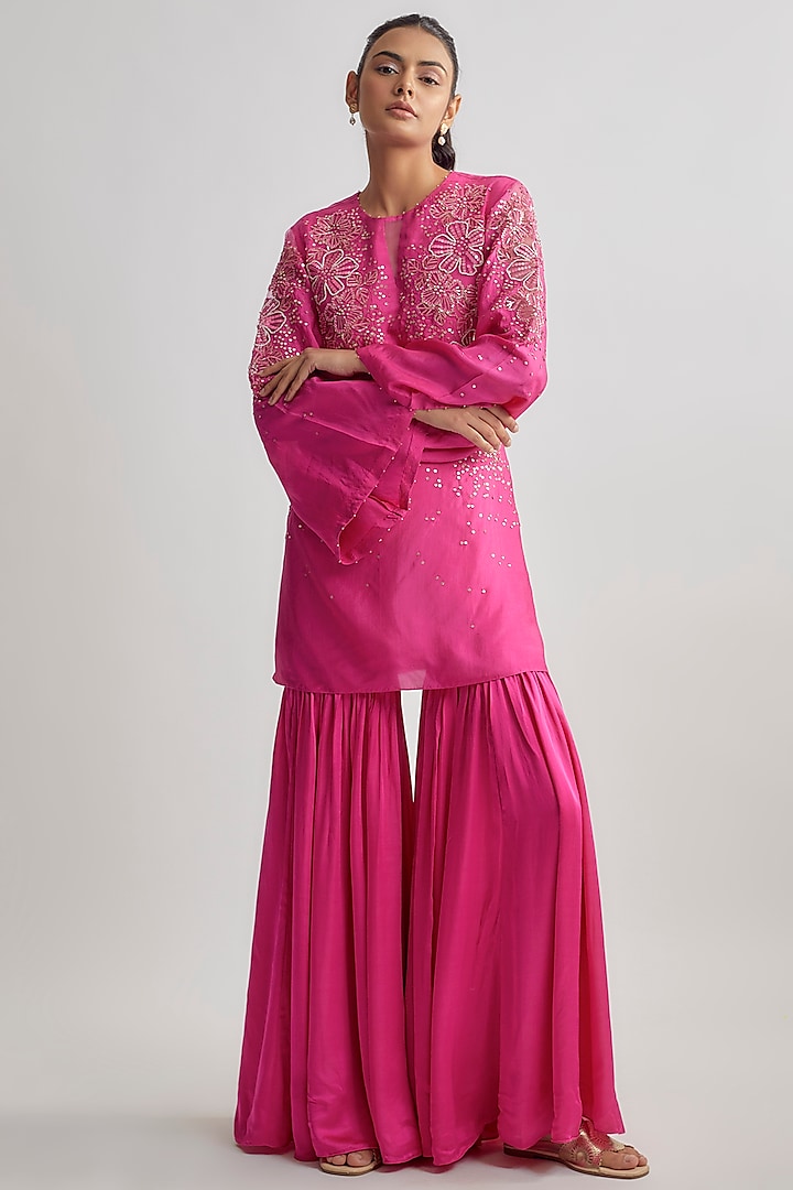 Hot Pink Viscose Silk Embroidered Kurta Set by One not two at Pernia's Pop Up Shop
