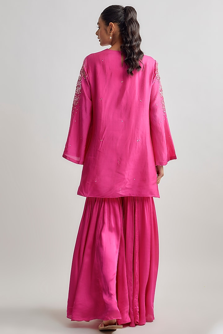 Hot Pink Viscose Silk Embroidered Kurta Set by One not two at Pernia's Pop Up Shop