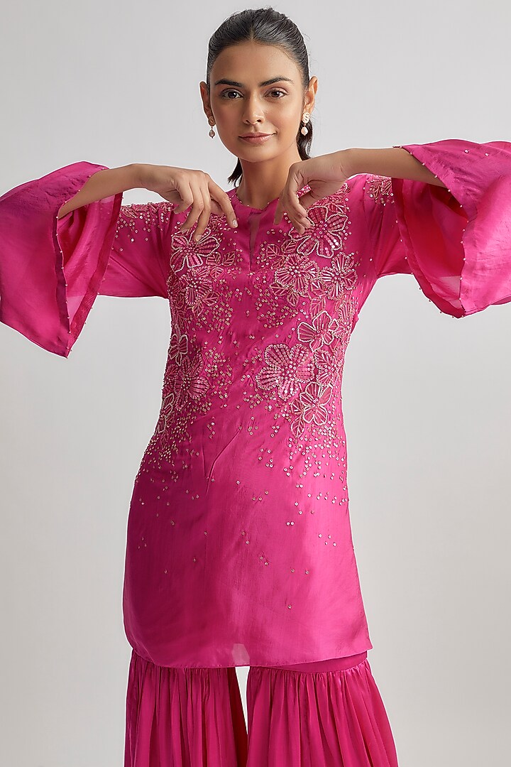 Hot Pink Viscose Silk Embroidered Kurta Set by One not two at Pernia's Pop Up Shop