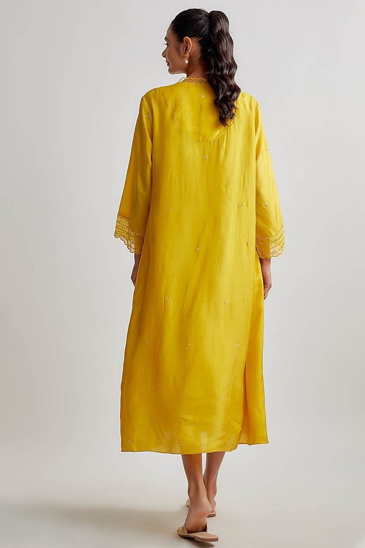 Yellow Viscose Silk Embroidered Kurta by One not two at Pernia's Pop Up Shop