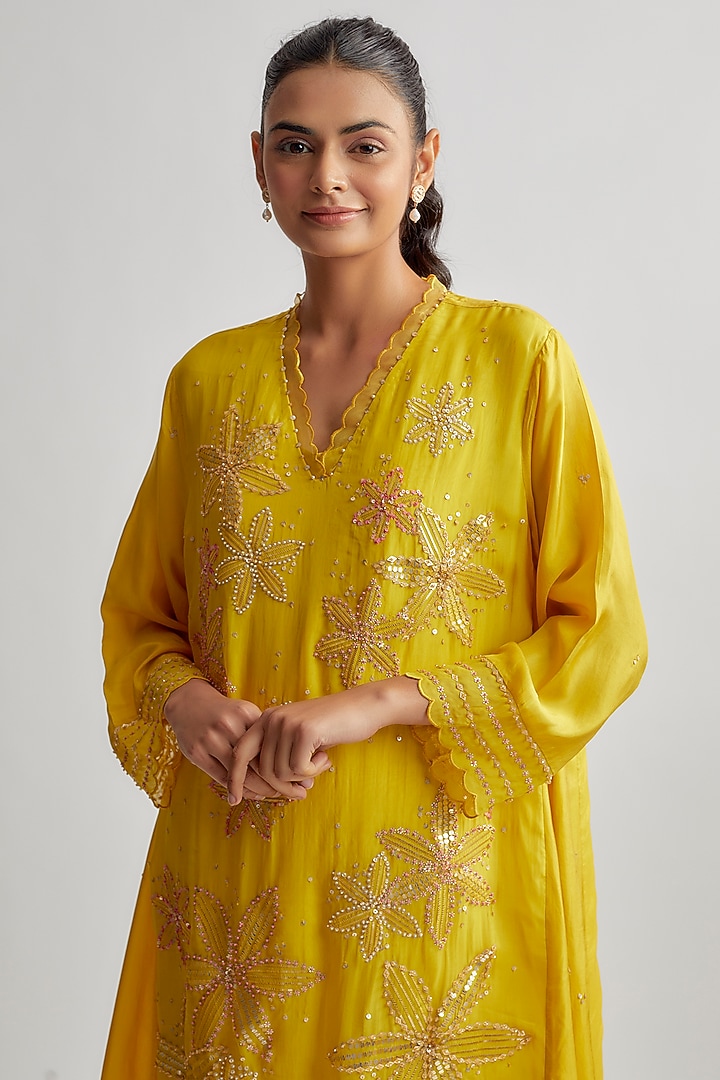 Yellow Viscose Silk Embroidered Kurta by One not two at Pernia's Pop Up Shop